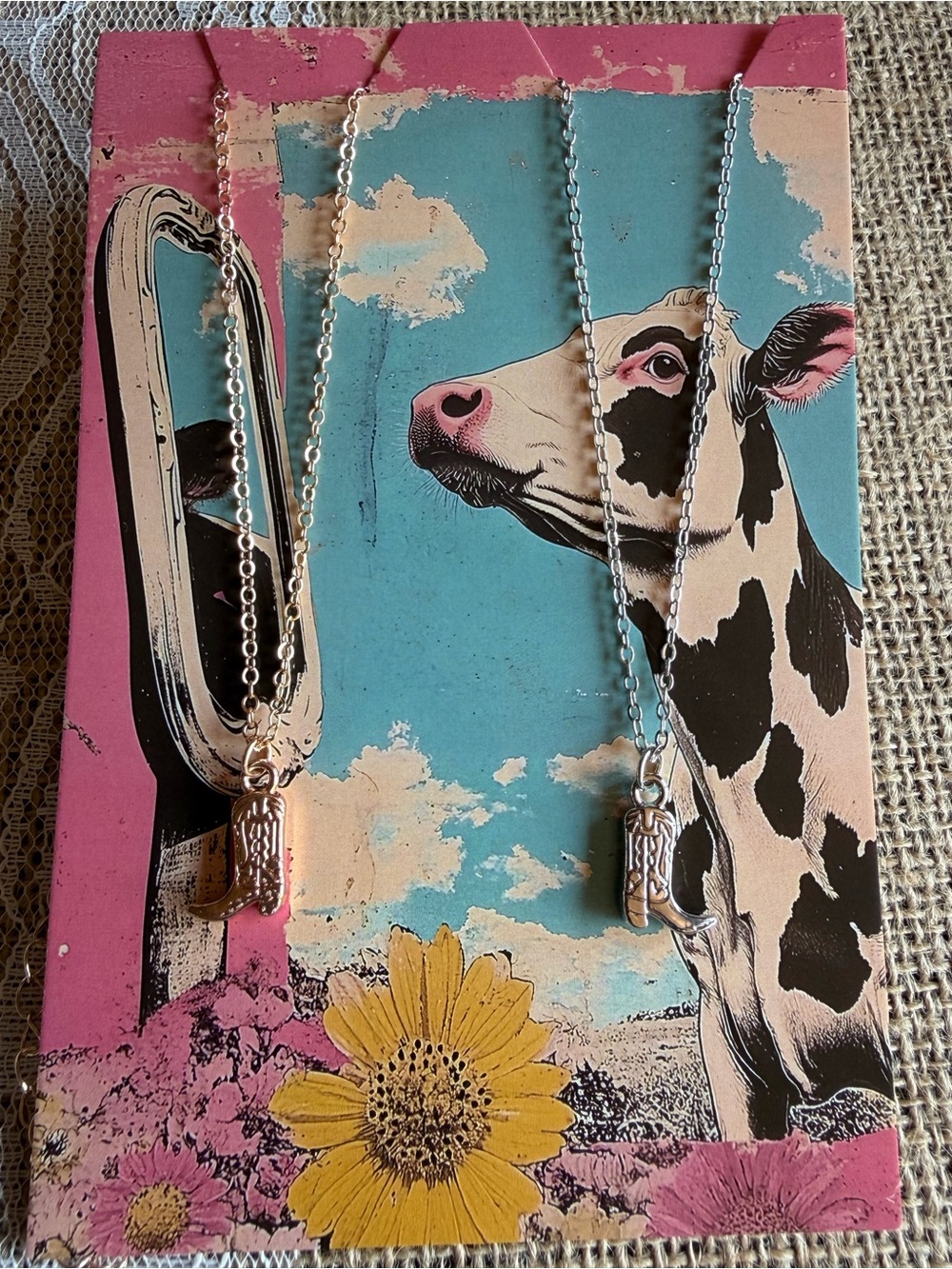 Set of 2 Cowboy Boot Charm Necklaces Gold & Silver Western Cowgirl New
